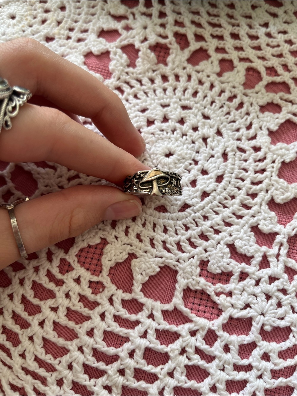 Sterling Silver whimsical mushroom and stars ring